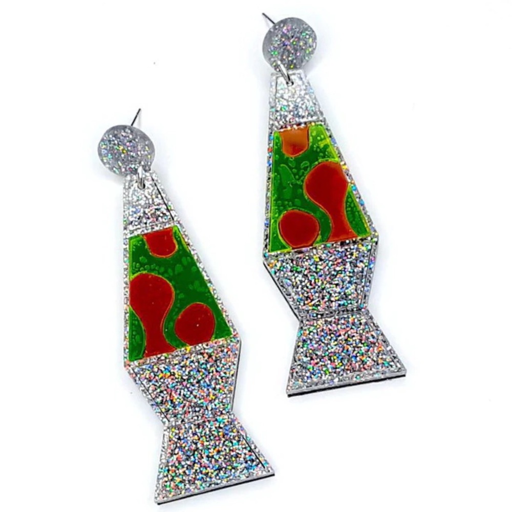 Groovy laser cut acrylic Lava Lamp earrings glitter bases with red & green lava